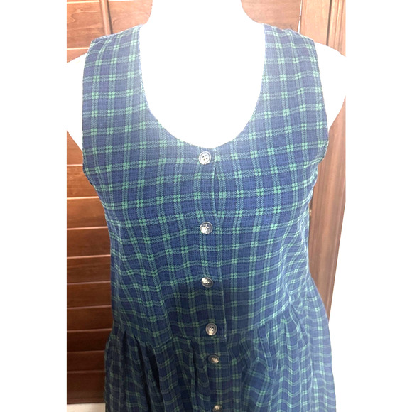 Bryn Connelly Corduroy Jumper Dress Sz 4P Tartan Plaid Navy green Midi VTG 80s - Picture 2 of 9